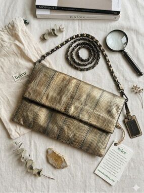 BEIRN | NWT Genuine Gold Tanned Snakeskin Foldover Messenger Bag